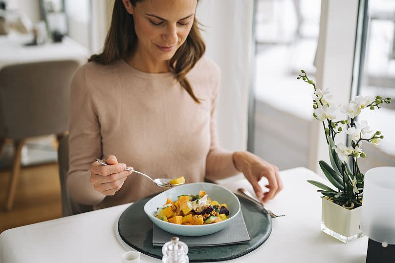 To be mindful of your meal, focus on the colours, textures and smells of the food, or all the steps and people and work it had taken to get the food to your plate.