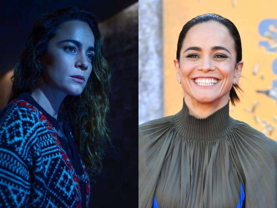 alice braga as sian; right: alice braca smiling widely and wearing a green dress