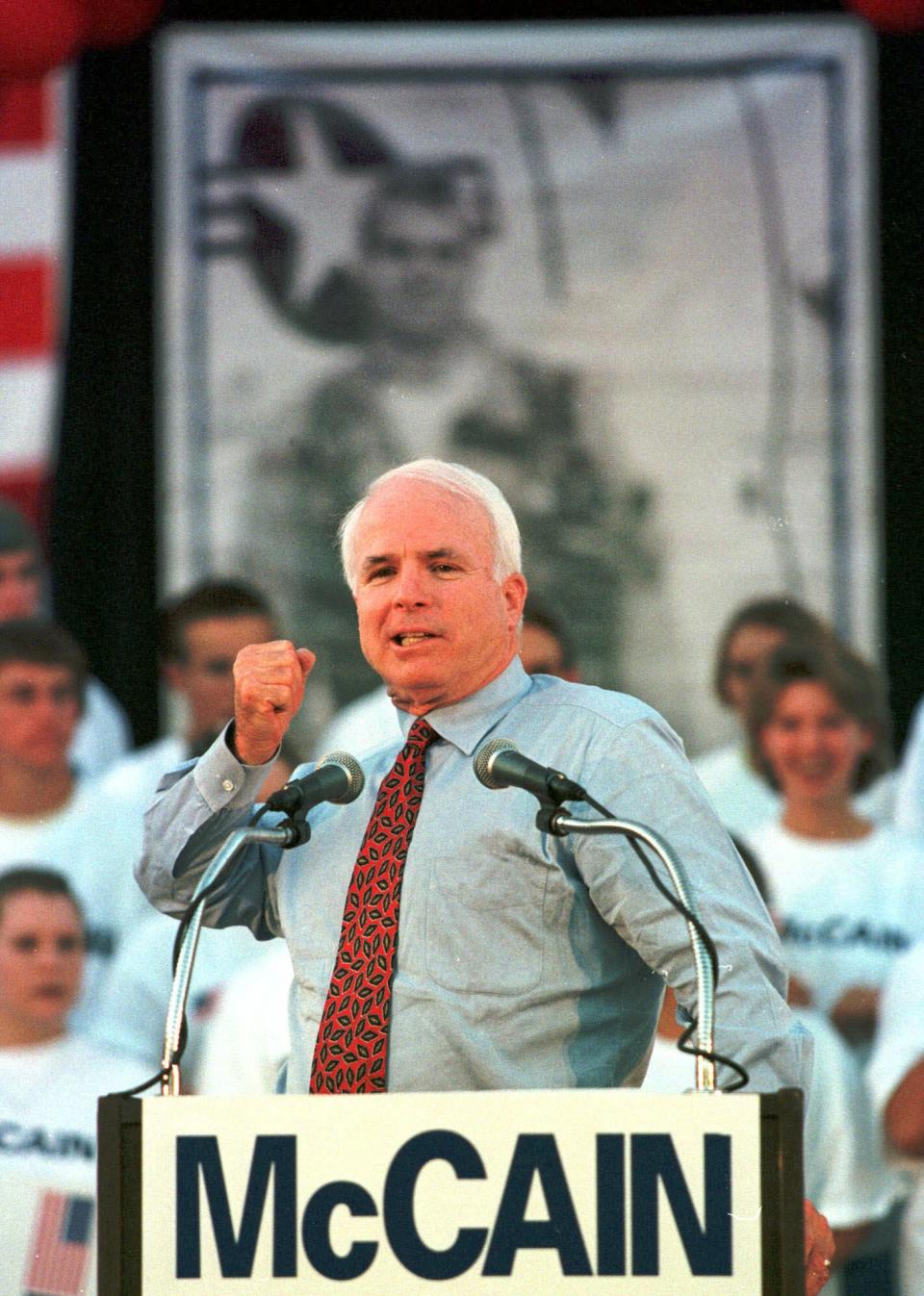 <p>Republican presidential hopeful Sen. John McCain addresses a campaign rally, Thursday, Sept. 30, 1999, in downtown Tempe, Ariz. (Photo: Mike Fiala/AP) </p>