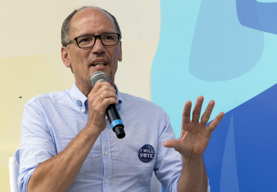 FILE - In this July 21, 2018, file photo, Democratic National Committee Chair Tom Perez speak in New York. Perez is staring ahead at the prospects of a long and potentially divisive presidential primary fight that will define his tenure as Democratic National Committee chairman. (AP Photo/Mary Altaffer, File)