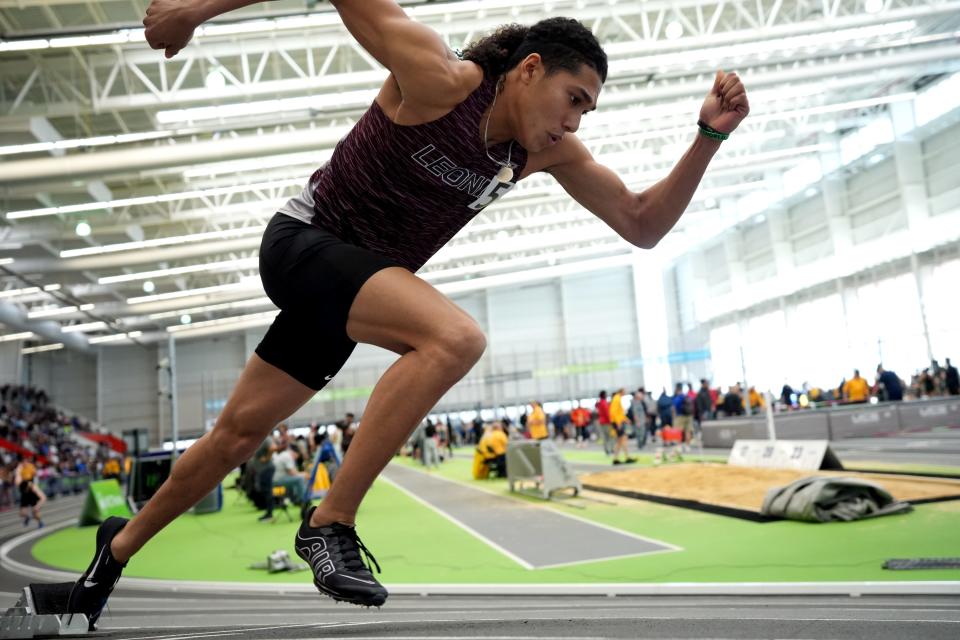 Tk, of Leonia, is shown as he starts the 400 meter dash, at the NJSIAA Meet of Championships, Sunday, March 3, 2024, in Staten Island.