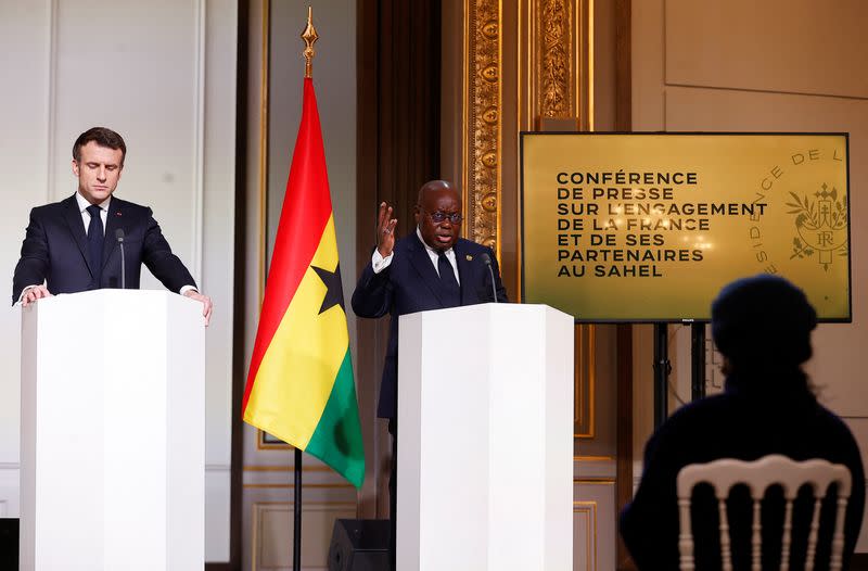 French President Macron addresses press conference on French engagement in Sahel at the Elysee Palace, in Paris