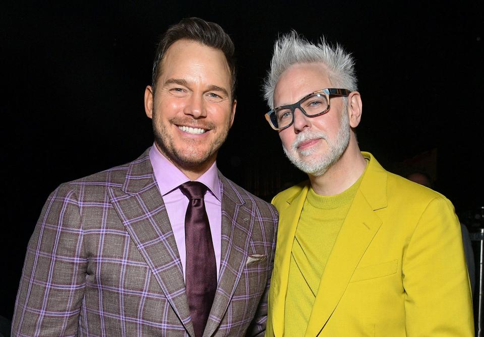 Chris Pratt (left) and James Gunn attend the "Guardians of the Galaxy Vol. 3" world premiere in Hollywood.