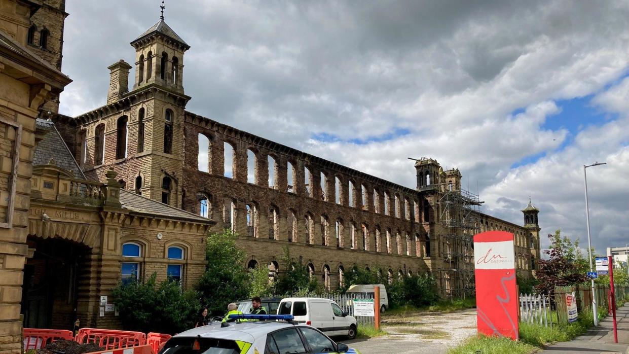 The burnt out wreckage of the main building in the Dalton Mills complex