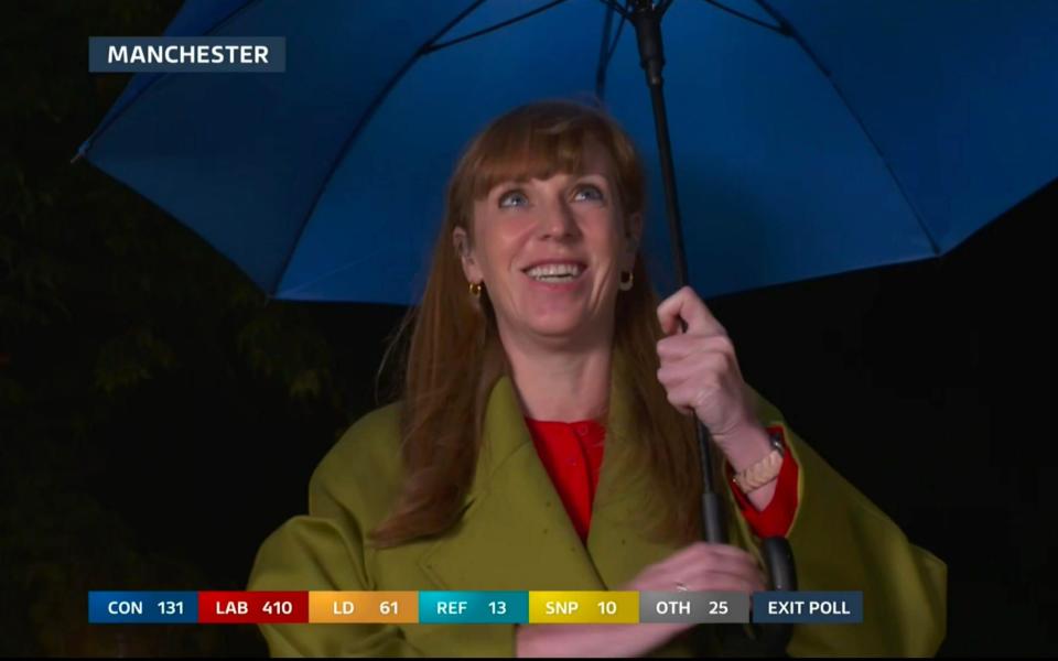 A gleeful Angela Rayner undertakes a TV interview after the exit poll suggested Labour was on course for a landslide victory