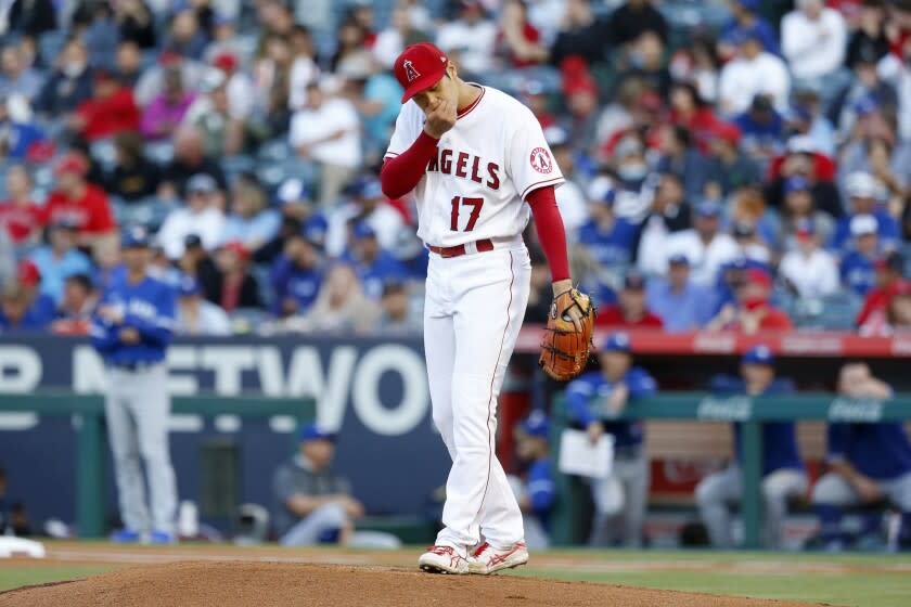 ANAHEIM, CA - MAY 26: Los Angeles Angels starting pitcher Shohei Ohtani (17) in a game against the Toronto Blue Jays in the top of the first inning at Angel Stadium on Thursday, May 26, 2022 in Anaheim, CA. (Gary Coronado / Los Angeles Times)
