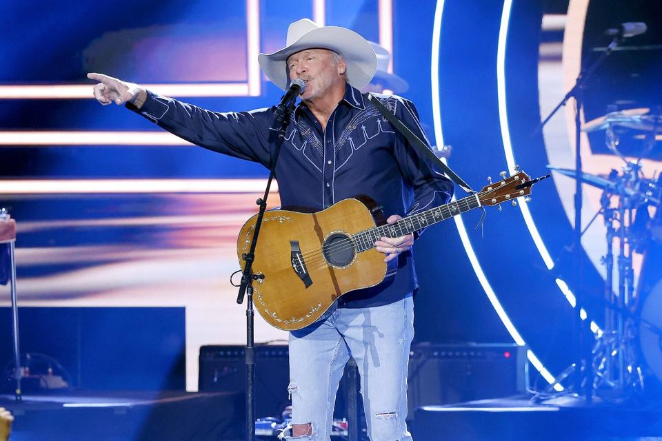 NASHVILLE, TENNESSEE - OCTOBER 12: In this photo released on October 14, 2022, Alan Jackson performs onstage during the 2022 CMT Artists of the Year at Schermerhorn Symphony Center on October 12, 2022 in Nashville, Tennessee. (Photo by Jason Kempin/Getty Images for CMT)