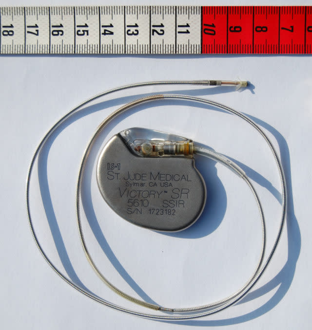 A conventional heart pacemaker, showing its size (Steven Fruitsmaak/Wikemedia Commons/PA)
