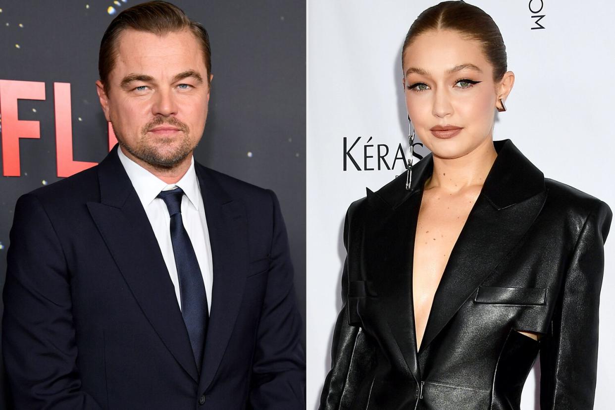 Leonardo DiCaprio attends the "Don't Look Up" World Premiere at Jazz at Lincoln Center on December 05, 2021 in New York City. (Photo by Kevin Mazur/Getty Images for Netflix) ; Gigi Hadid attends the The Daily Front Row 8th Annual Fashion Media Awards on September 09, 2021 in New York City. (Photo by Jennifer Graylock/Getty Images for The Daily Front Row )