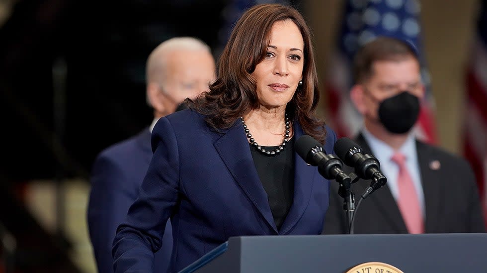 Vice President Harris speaks during an event with President Biden and Vice President Kamala Harris to sign an executive order regarding project labor agreements at Irownworks Local 5 in Upper Marlboro, Md., on Friday, February 4, 2022.