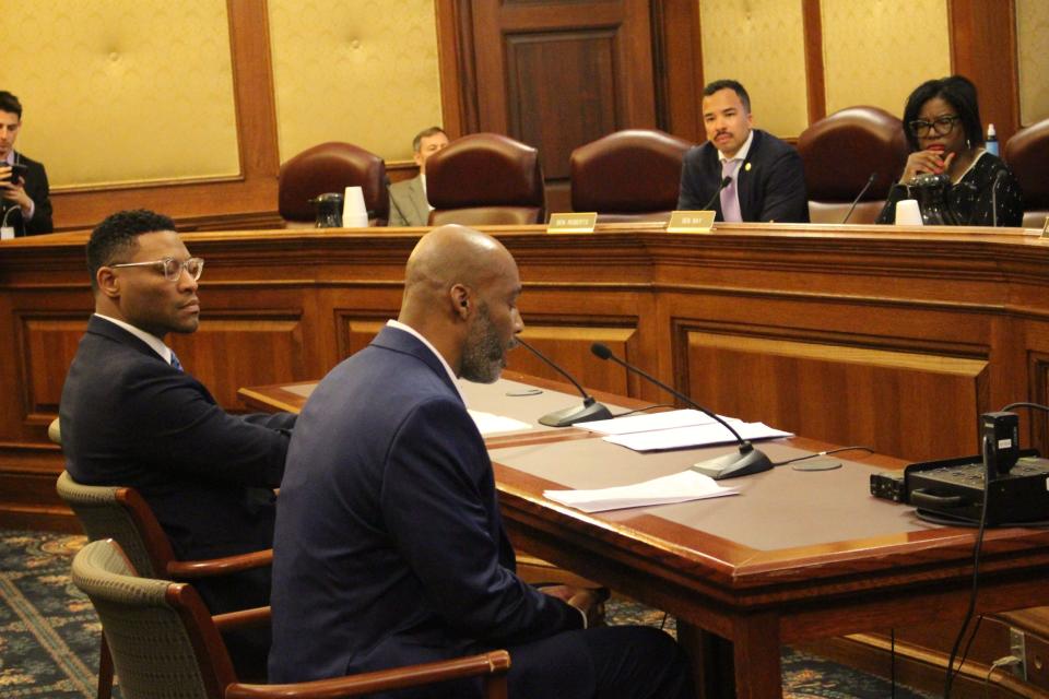 Lamar Johnson (center) testifies to a Missouri Senate committee in support of legislation that would expand the state's restitution program for those wrongfully convicted by the state. Johnson was released from prison after 28 years last week for a murder he was wrongfully convicted for.