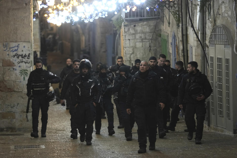 Israeli police deploy in the Old City of Jerusalem after shots were fired in the Al-Aqsa Mosque compound during the Muslim holy month of Ramadan, Saturday, April 1, 2023. (AP Photo/ Mahmoud Illean)