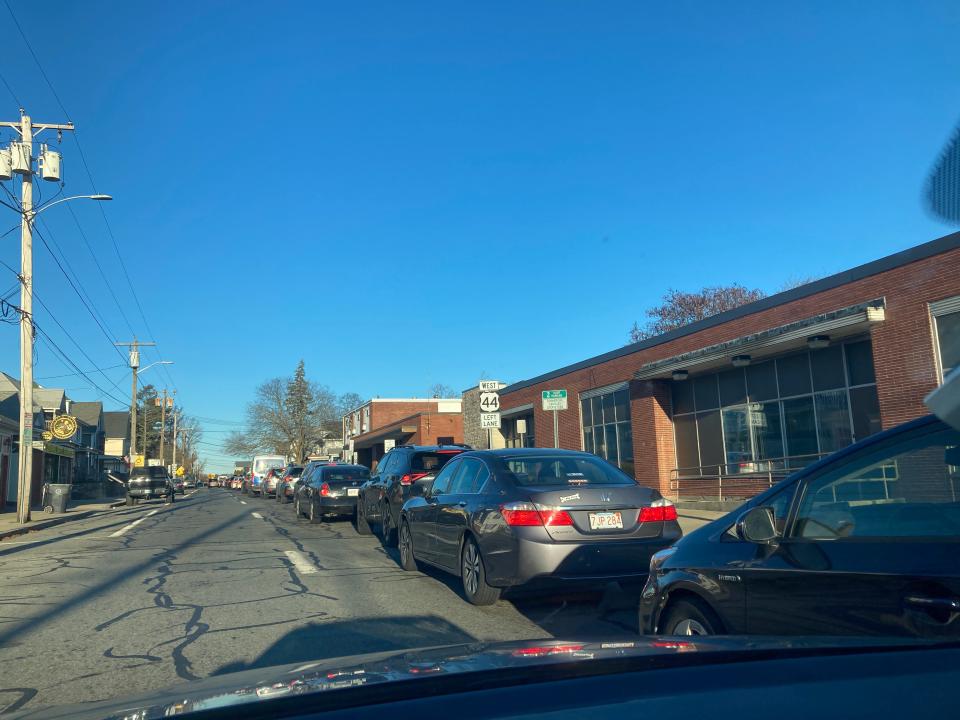 Cars waiting to cross the Henderson Bridge into Providence line up on Waterman Street in East Providence on Thursday morning.