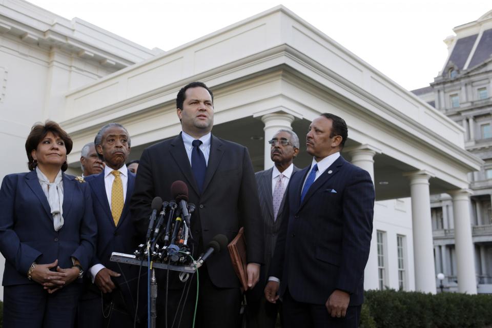 Civic leaders, from left, National Council of La Raza President Janet Murguia; Rev. Al Sharpton of the National Action Network; NAACP President Ben Jealous; AARP CEO Barry Rand; and National Urban League President Marc Morial, speak to reporters outside the White House in Washington, Nov. 16, 2012, after meeting with President Barack Obama. (Photo: Jacquelyn Martin/AP)