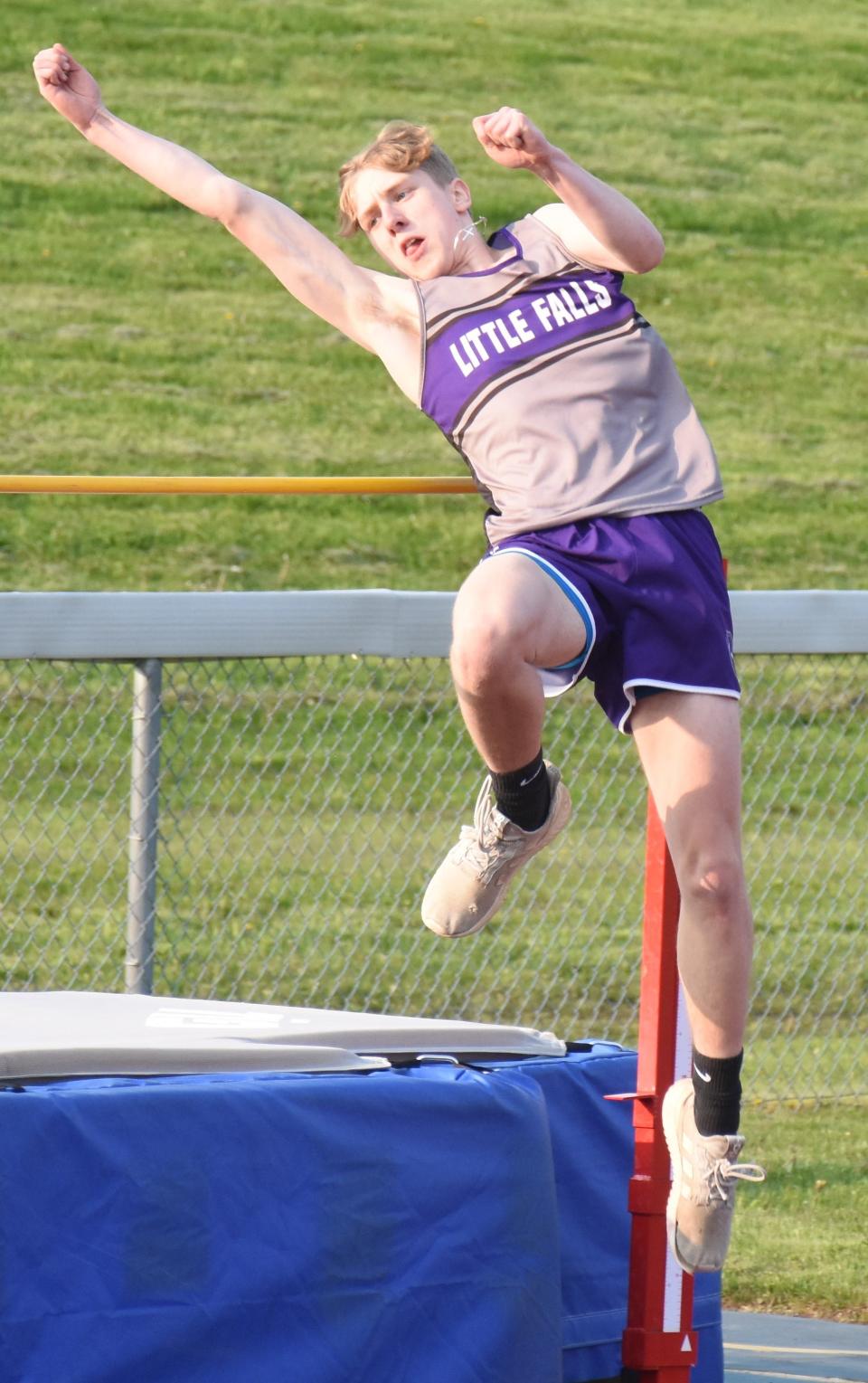 Little Falls Mountie Michael Bucenec approaches the bar during the high jump competition against Herkimer Wednesday.