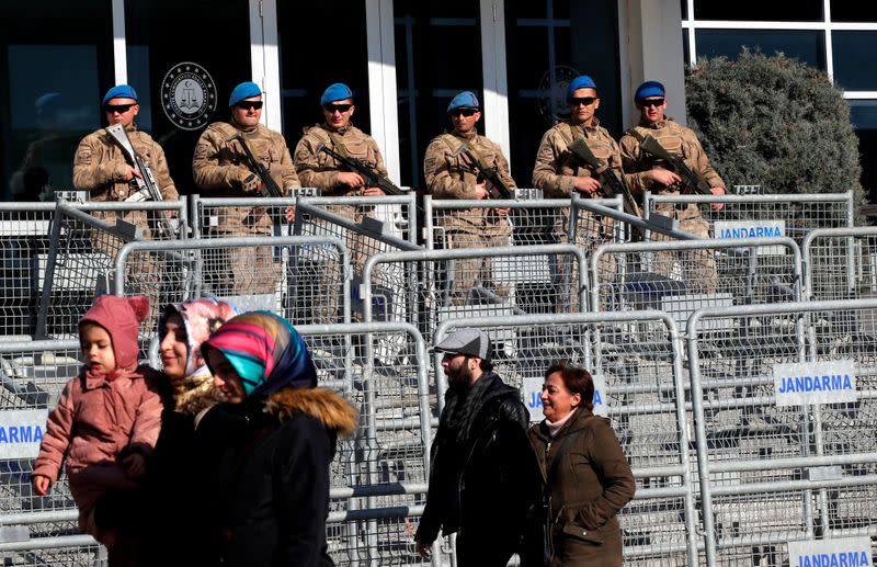 Turkish soldiers stand guard outside a courtroom at the Silivri Prison and Courthouse complex in Silivri near Istanbul
