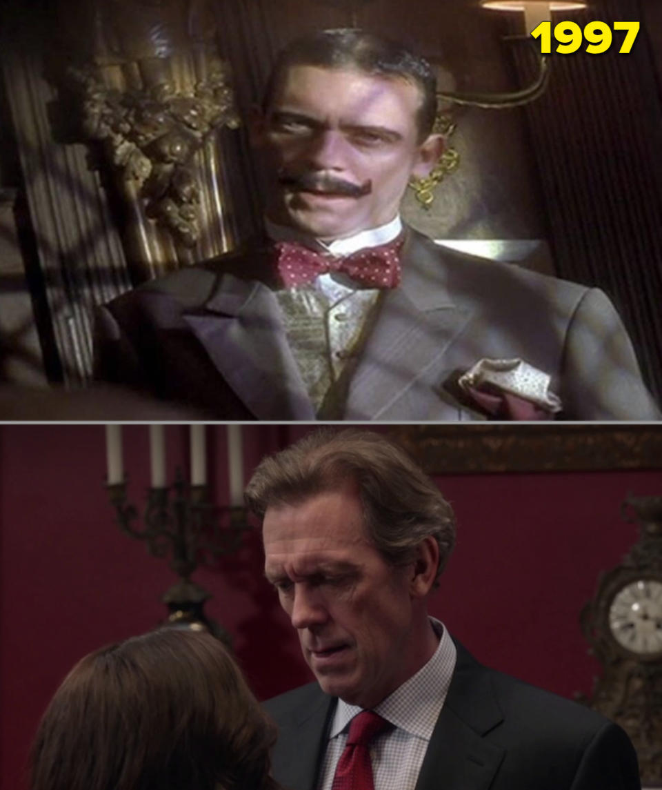 Hugh Laurie with a mustache in "Spice World" vs. him as the Vice President in "Veep"