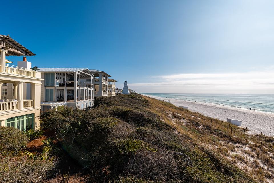 High angle view from wooden pavilion gazebo by beach at Gulf of Mexico at Seaside, Florida