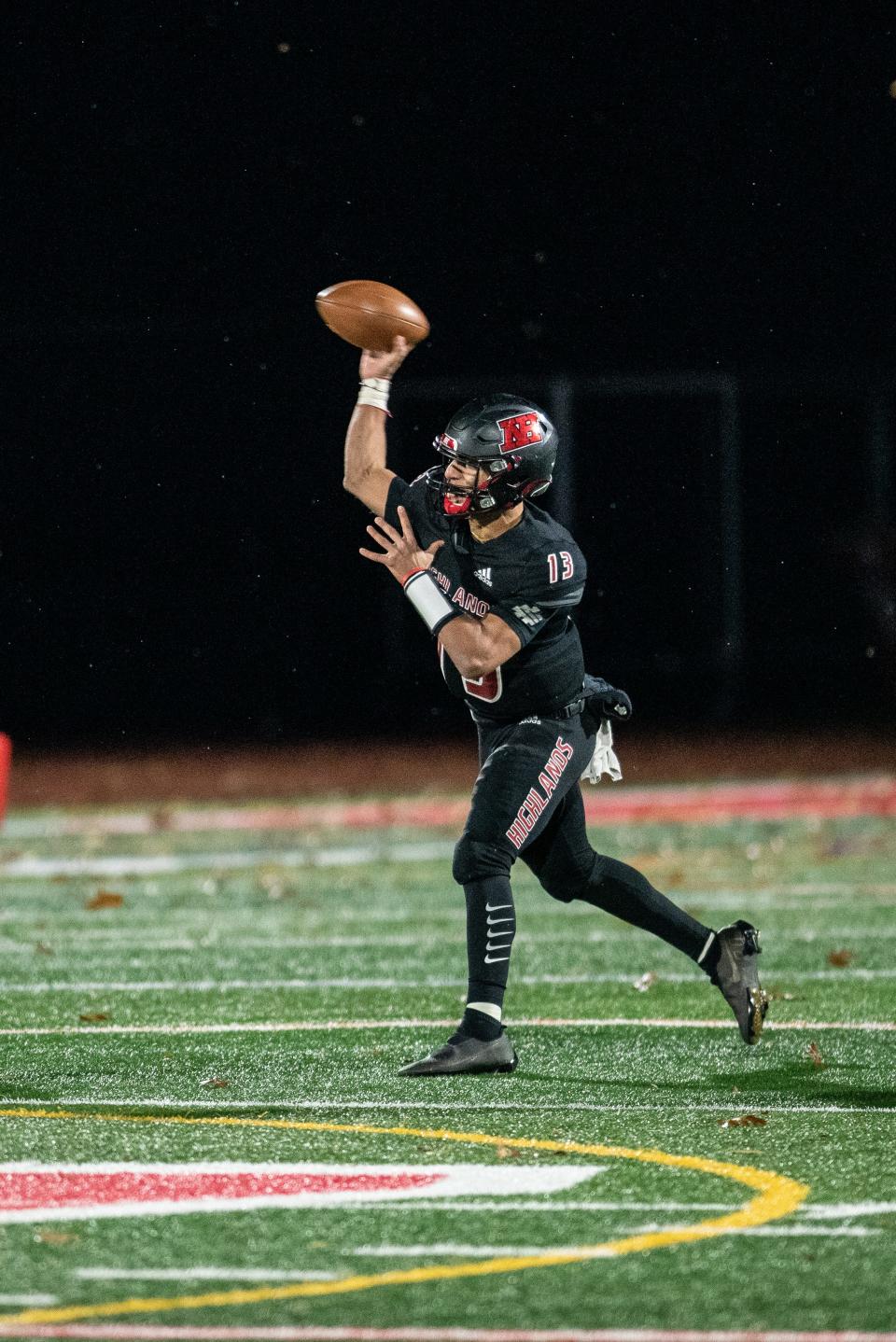 Northern Highlands hosts Ramapo in the North 1, Group 4 football title game in Allendale on Friday, Nov. 26, 2021. NH #13 Enzo Arjona throws the ball.