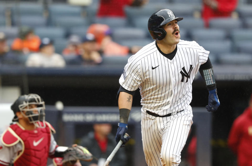 New York Yankees' Austin Wells reacts after hitting a home run against the Arizona Diamondbacks during the fourth inning of a baseball game, Monday, Sept. 25, 2023, in New York. (AP Photo/Noah K. Murray)
