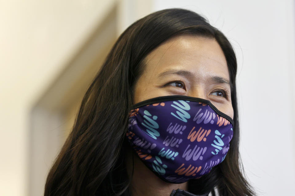 Boston mayoral candidate Michelle Wu visits her campaign headquarters, Monday, Nov. 1, 2021, in the Jamaica Plain neighborhood of Boston. (AP Photo/Mary Schwalm)