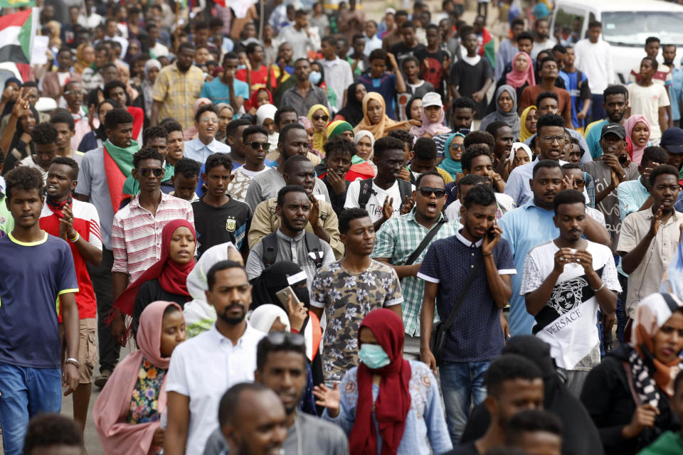 Sudanese protesters march during a demonstration in the capital Khartoum, Sudan, Thursday, Aug. 1, 2019. Sudanese pro-democracy activists have posted videos on social media showing thousands of people taking to the streets in the capital, Khartoum. The Sudanese Professionals Association said Thursday that the rallies are demanding justice for the killing of at least six people, including four students, earlier this week during student protests in a central province. (AP Photo)