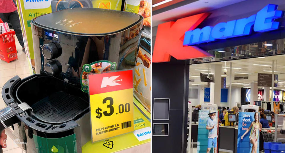 Kmart Philips air fryer scam Facebook post, pictured left.