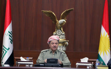 Iraqi Kurdish president Masoud Barzani speaks during his meeting with heads of the Independent High Referendum in Erbil, Iraq September 24, 2017. REUTERS/Azad Lashkari