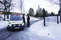 Police patrol outside the Soria Moria Conference Center where talks between a Taliban delegation and western officials are taking place, in Oslo, Norway, Sunday, Jan. 23, 2022. A Taliban delegation led by acting Foreign Minister Amir Khan Muttaqi on Sunday started three days of talks in Oslo with Western officials and Afghan civil society representatives amid a deteriorating humanitarian situation in Afghanistan. The closed-door meetings are taking place at a hotel in the snow-capped mountains above the Norwegian capital. (Torstein Boe/NTB scanpix via AP)