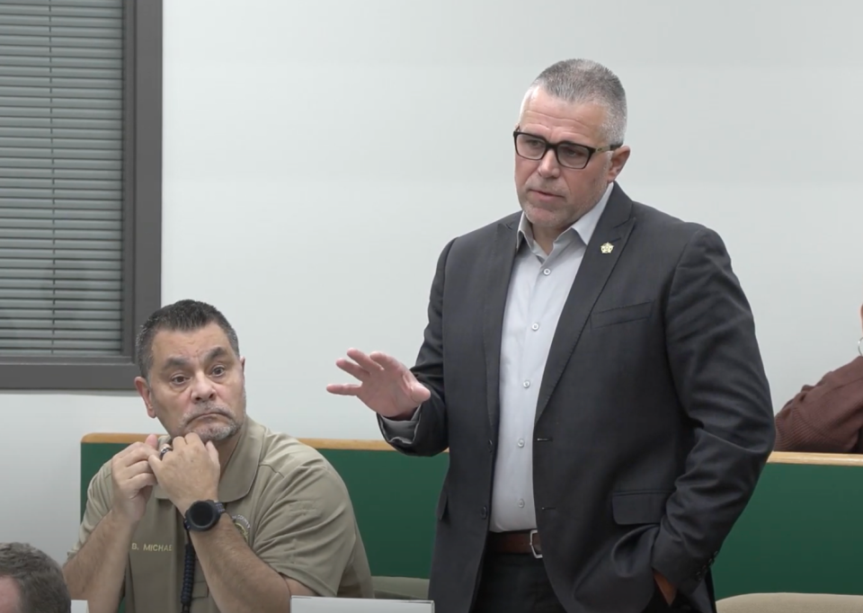 Madison County Sheriff Julian Wiser explains the difficulty of hiring student resource officers (SROs) at the County Commission meeting on Oct. 16, 2023.