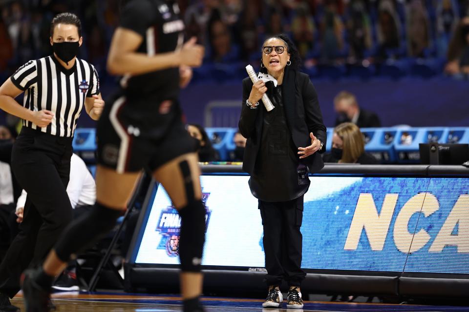 Head coach Dawn Staley of the South Carolina Gamecocks calls out to players against the Stanford Cardinal during the fourth quarter in the Final Four.