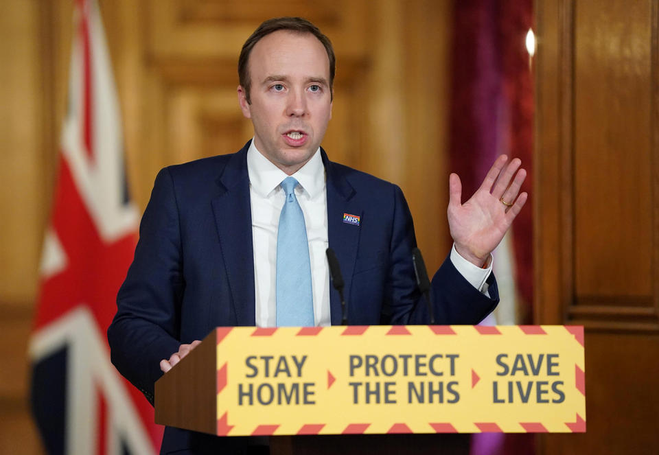 Image: Britain's Health Secretary Hancock holds digital COVID-19 presser in London (Pippa Fowles/10 Downing Street / Reuters)