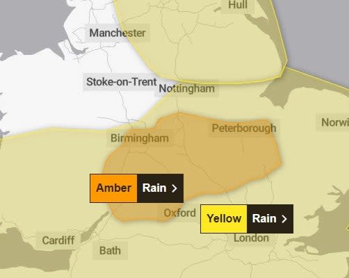 The amber warning for rain will last until 6am on Friday (Met Office)