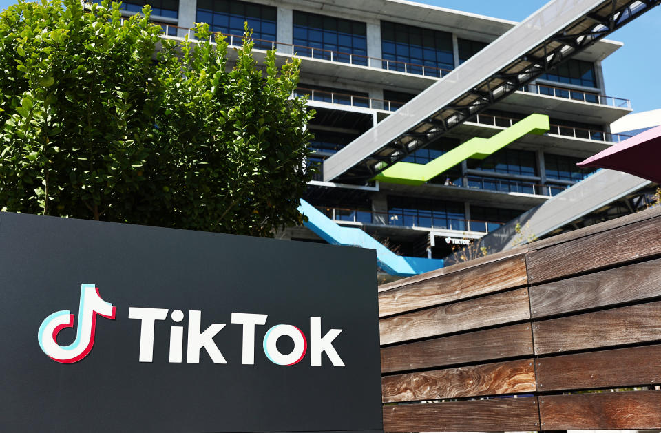 CULVER CITY, CALIFORNIA – MARCH 12: The TikTok logo is displayed outside TikTok offices on March 12, 2024 in Culver City, California.  House Republicans are advancing legislation that would force the owners of the popular Chinese social media app to sell the platform or face a ban in the United States.  (Photo: Mario Tama/Getty Images)