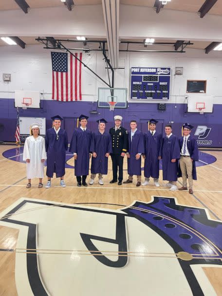 PHOTO: Six students from Port Jefferson High School on Long Island, who are fire department volunteers, raced to help put out a blaze just moments after collecting their diplomas. (Port Jefferson Fire Department)