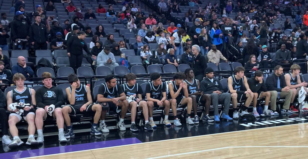 The Buena bench was a downcast bunch during the final minutes of the Bulldogs' 59-43 loss to Oakland High on Friday in the CIF-State Division III state championship game at the Golden 1 Center in Sacramento.