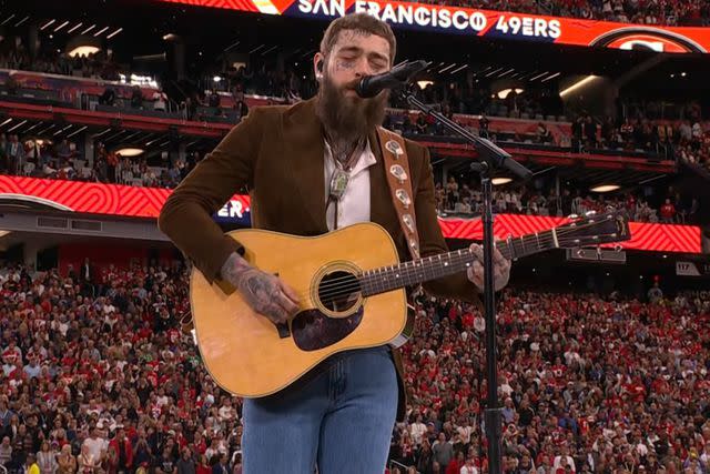 <p>CBS</p> Post Malone at the 2024 Super Bowl