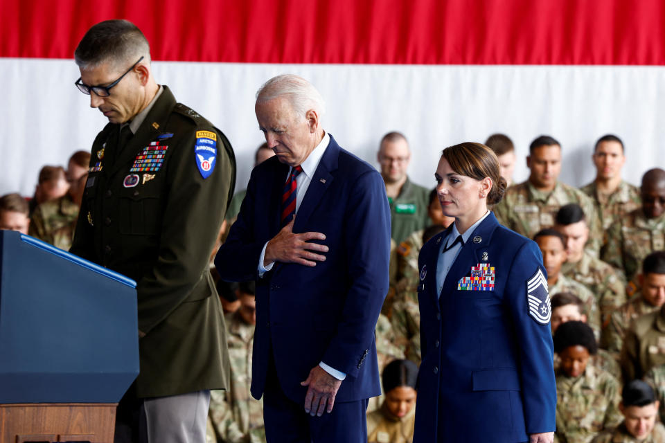 U.S. President Joe Biden observes a moment of silence on the day of the 22nd anniversary of the September 11, 2001 attacks on the World Trade Center, at Joint Base Elmendorf-Richardson in Anchorage, Alaska, September 11, 2023. REUTERS/Evelyn Hockstein