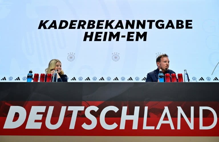 Germany head coach Julian Nagelsmann (R) announced a 27-man squad ahead of the Euros which will be reduced to 26 before the tournament gets underway (JOHN MACDOUGALL)