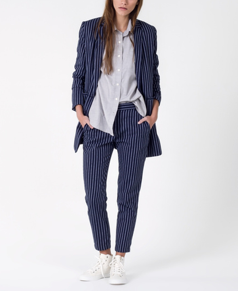 <p>Not one for subtlety? Swap barely detectable pinstripes for bold lines.</p> <p><strong>Shop the look:</strong> Wildfang blazer, $118; <a rel="nofollow noopener" href="http://www.wildfang.com/the-silverstone-double-breasted-blazer.html" target="_blank" data-ylk="slk:wildfang.com;elm:context_link;itc:0;sec:content-canvas" class="link ">wildfang.com</a>. Wildfang pants, $79; <a rel="nofollow noopener" href="http://www.wildfang.com/the-bowie-pant.html" target="_blank" data-ylk="slk:wildfang.com;elm:context_link;itc:0;sec:content-canvas" class="link ">wildfang.com</a>.</p>