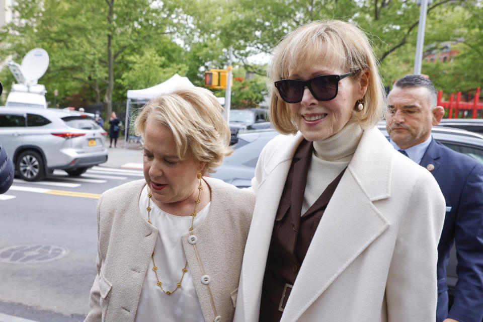 E. Jean Carroll arrives at federal court in New York, Wednesday, May 3, 2023. Carroll on Monday wrapped up three days of testimony in the trial stemming from her lawsuit against former President Donald Trump. (AP Photo/Stefan Jeremiah)