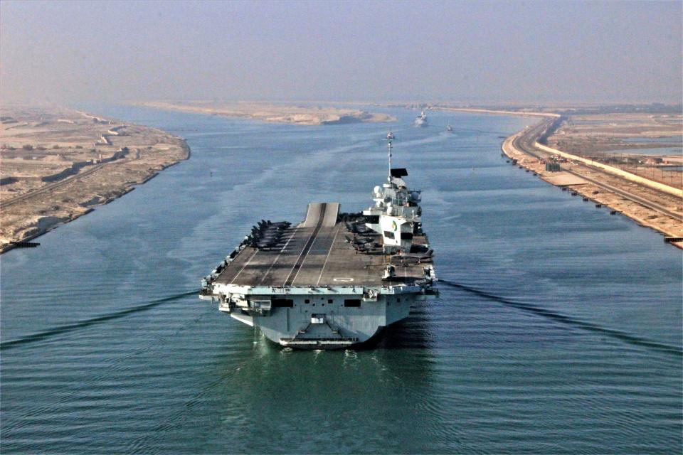 HMS Queen Elizabeth on July 6 sailing through Egypt’s Suez Canal (Royal Navy/AFP via Getty Images)