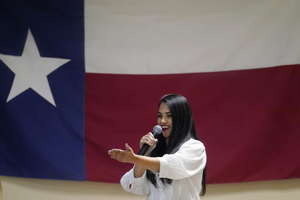 In this Wednesday, Sept. 22, 2021, photo Republican congressional candidate Mayra Flores speaks at a Cameron County Conservatives event in Brownsville, Texas. Flores argues that Democrats are forcing Texans choose between their energy sector jobs and curbing climate change.