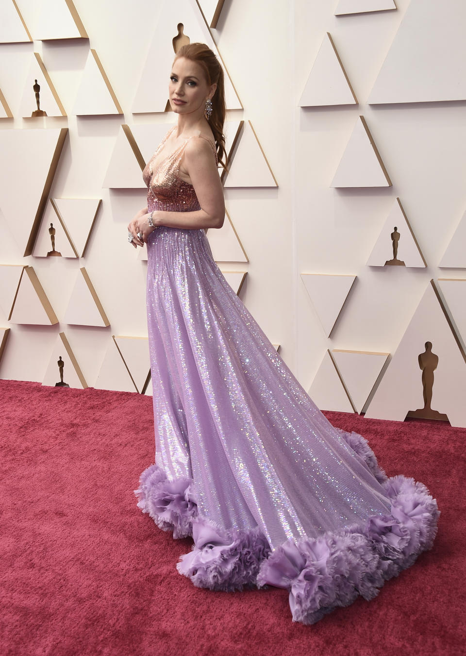 Jessica Chastain arrives at the Oscars on Sunday, March 27, 2022, at the Dolby Theatre in Los Angeles. (Photo by Jordan Strauss/Invision/AP)