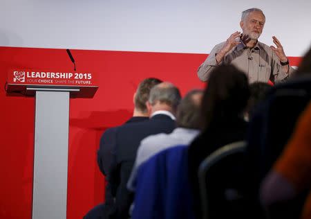 Candidate Jeremy Corbyn speaks during a Labour Party leadership hustings event in Stevenage, Britain in this June 20, 2015 file photo. REUTERS/Darren Staples/Files