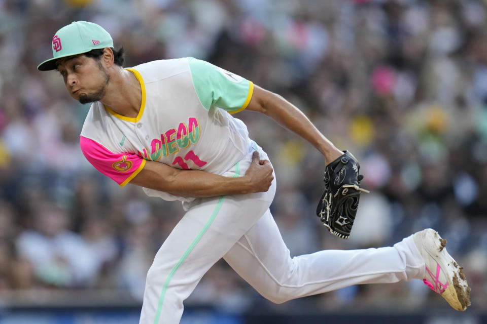 San Diego Padres starting pitcher Yu Darvish works against a Tampa Bay Rays batter during the second inning of a baseball game Friday, June 16, 2023, in San Diego. (AP Photo/Gregory Bull)