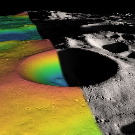 Lunar ice maker, just right for mining. Elevation (left) and shaded relief (right) image of Shackleton, a 21-km-diameter (12.5-mile-diameter) permanently shadowed crater adjacent to the lunar south pole. NASA’s Lunar Reconnaissance Orbiter spac