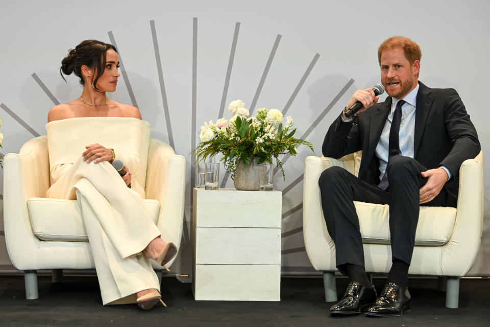 NEW YORK, NEW YORK - OCTOBER 10: (L-R) Meghan, Duchess of Sussex and Prince Harry, Duke of Sussex speak onstage at The Archewell Foundation Parents’ Summit: Mental Wellness in the Digital Age during Project Healthy Minds' World Mental Health Day Festival 2023 at Hudson Yards on October 10, 2023 in New York City. (Photo by Bryan Bedder/Getty Images for Project Healthy Minds)