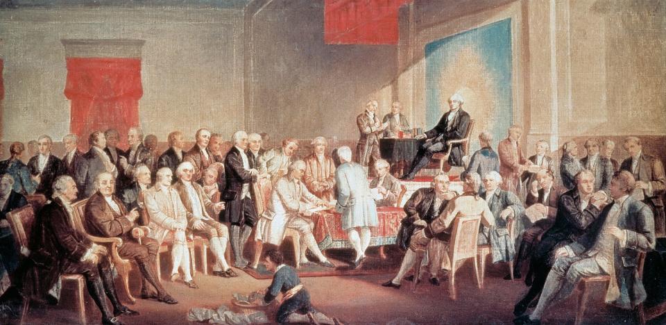 George Washington signing the Constitution, 1787. Convention of Philadelphia, the United States, 18th century