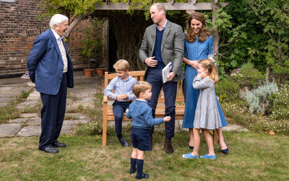 The Duke and Duchess of Cambridge, Prince George, Princess Charlotte and Prince Louis with Sir David Attenborough - Kensington Palace